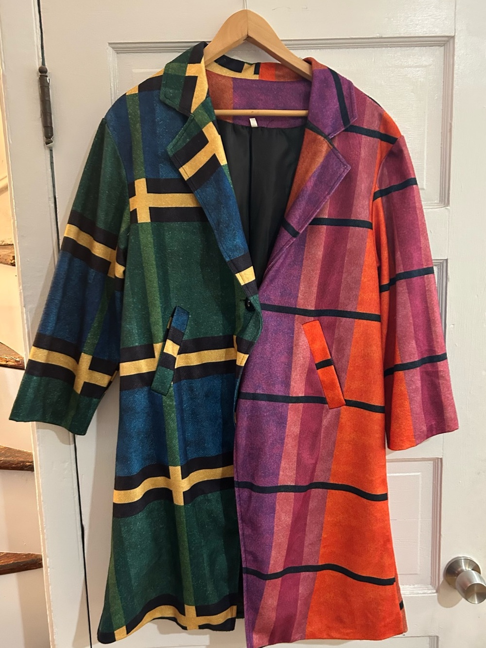 Multicolor Plaid Long Coat - Green Blue Purple Orange